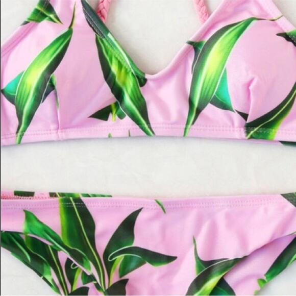 Pink Women’s Bikini Leaf Print Braided Detail Swimsuit Size L - Picture 3 of 4